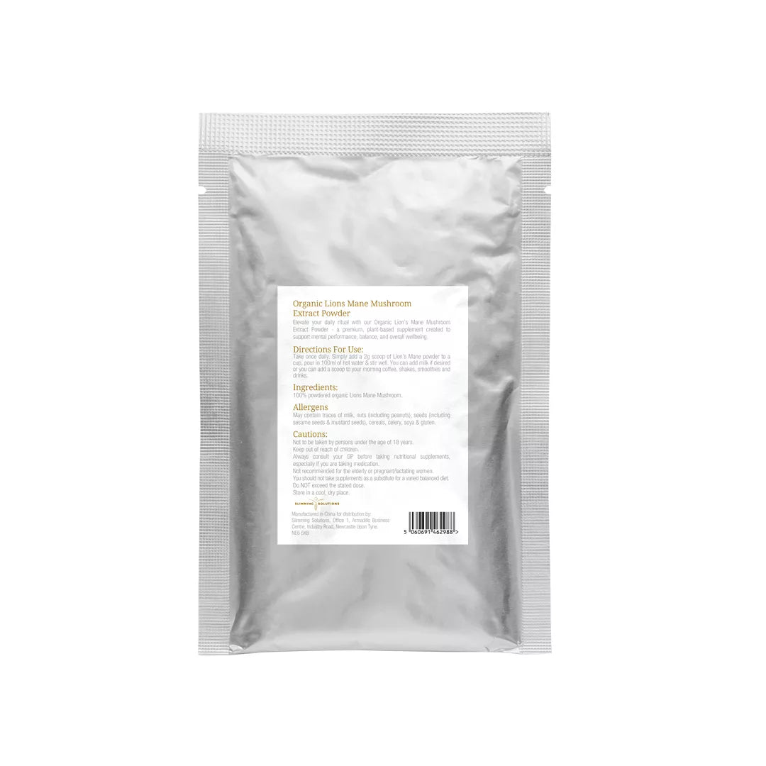 Package of Organic Lions Mane Mushroom extract powder on a white background reverse label