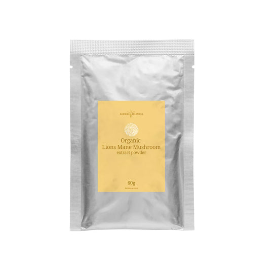 Package of Organic Lions Mane Mushroom extract powder on a white background