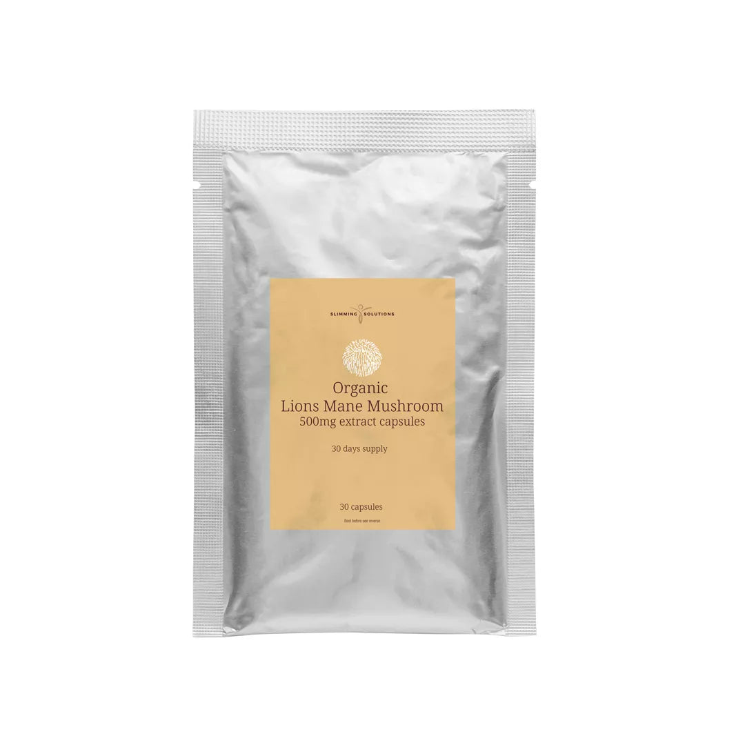 Packaging of Organic Lions Mane Mushroom capsules on a white background