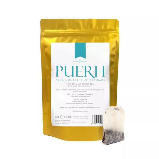 Puerh Tea in a gold pouch with a tea bag