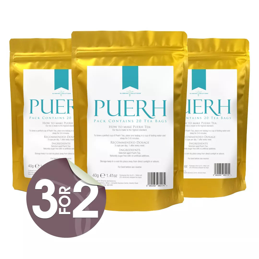 Three packages of Puérh tea with gold and white packaging on a white background. 3 for 2 offer